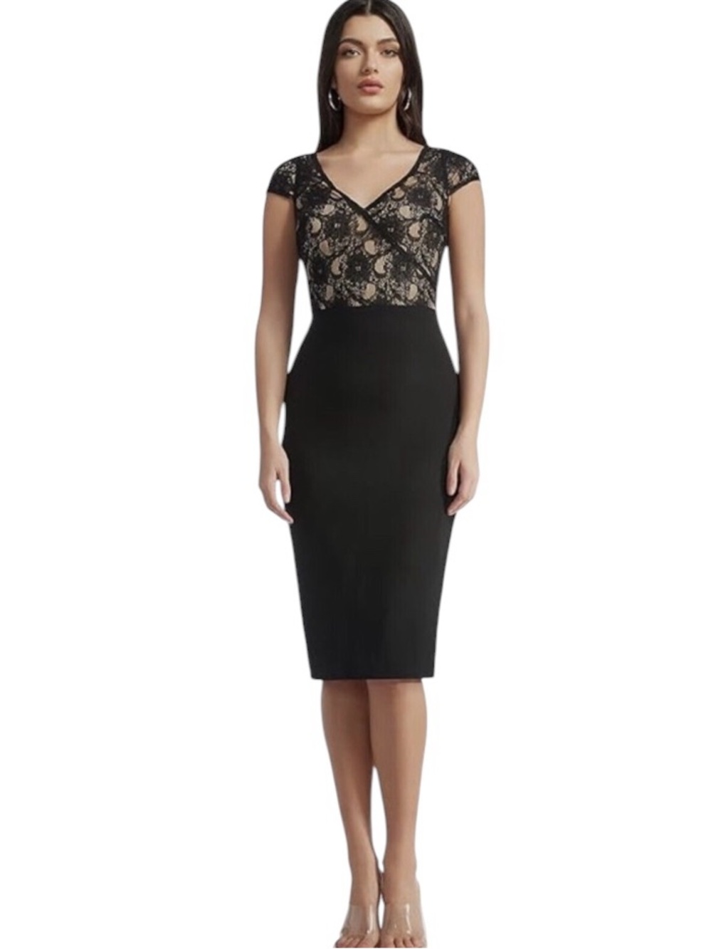 Dress the Population Jaleah Black & Nude Lace Cap Sleeve Midii Sheath Dress - L